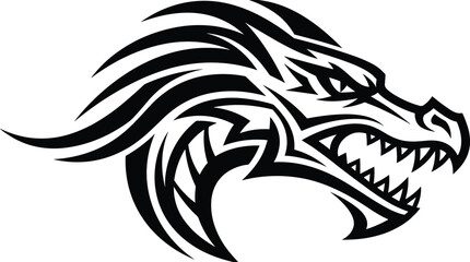 Dragon, head, silhouette, tribal, tattoo, fantasy, fire, mythical, creature, logo, emblem, fierce, beast, black, white, illustration, design, vector, mascot, symbol