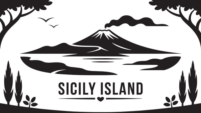 Sicily island mount etna volcano landscape with smoking crater and cypress trees vector design