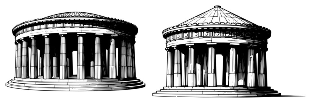 Two ancient round temples or tholos structures with columns in monochrome style