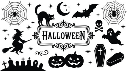 Halloween, silhouette, spooky, witch, pumpkin, bat, cat, ghost, skull, coffin, spider, web, graveyard, moon, stars, horror, black, white, illustration, vector