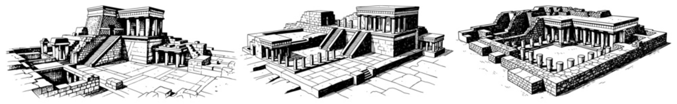 Hand drawn sketch of ancient Minoan palace ruins and archaeological sites
