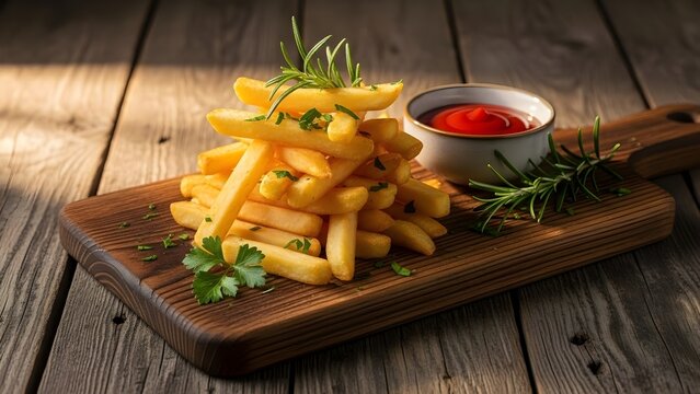 A plate of crispy golden fries with fresh herbs and dipping sauce