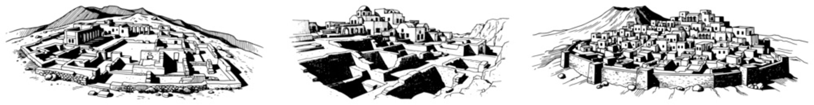 Panoramic views of ancient historic settlements and cities in a landscape setting