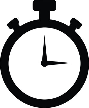 Black and white stopwatch icon with hands pointing to twelve and three o'clock on white background