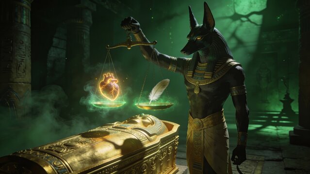 Anubis ancient Egyptian god weighing heart and feather on glowing scales in mystical underworld scene