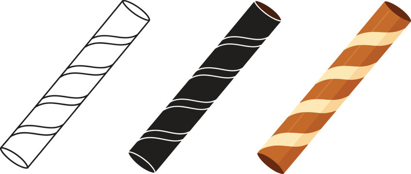 Collection of wafer roll icons including outline black and chocolate flavors perfect for food branding and design