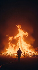 Fototapeta premium Silhouette of firefighter against large fire, depicting danger, courage, and emergency response, representing public service and protection