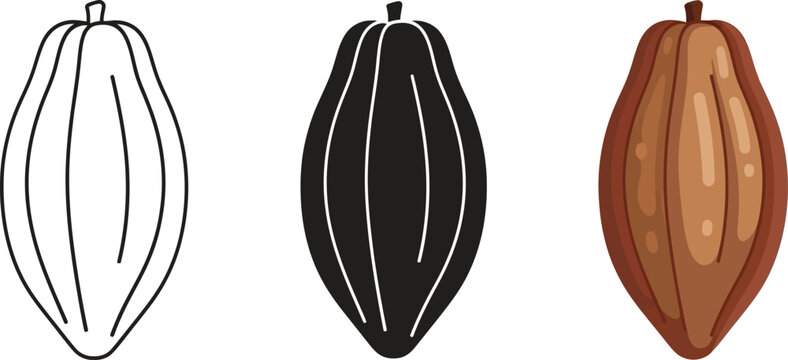 Collection of cocoa pod illustrations including outline silhouette and realistic styles perfect for food and beverage design