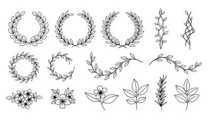 Elegant hand-drawn wreaths and leafy branches vector icons © Boloram