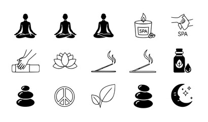 Solid relax meditation yoga spa self care vector icon set