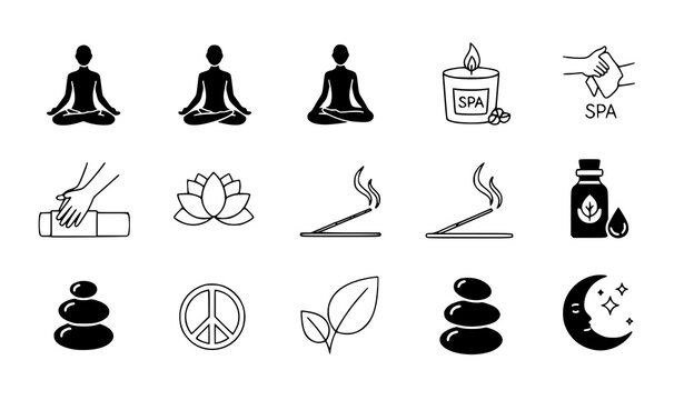 Solid relax meditation yoga spa self care vector icon set