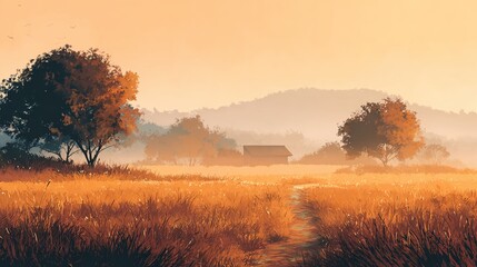 Obraz premium Golden Field Serenity: A picturesque landscape, where a path meanders through a sun-kissed field towards a distant house, under an ethereal orange-tinged sky.