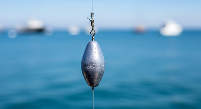 A shiny metal fishing sinker suspended from a fishing line in the foreground with boats on the horizon