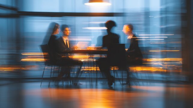 Blurred Momentum in the Boardroom: In a dynamically blurred frame, a team huddles around a table, engaged in a discussion that echoes with focused energy. It's a visual metaphor for progress.