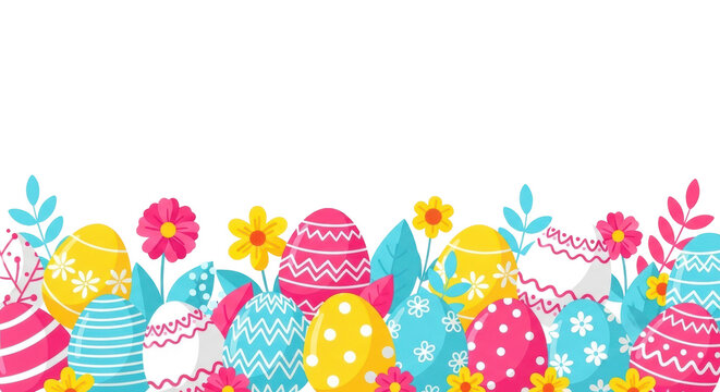 Cheerful flat vector illustration of decorated easter eggs (pink, light blue, yellow, white, doodle patterns), spring flowers, and leaves, forming a vibrant border at the bottom on a transparent
