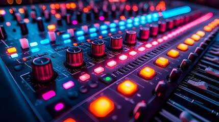 Fototapeta premium Colorful audio mixer controls in a dark studio