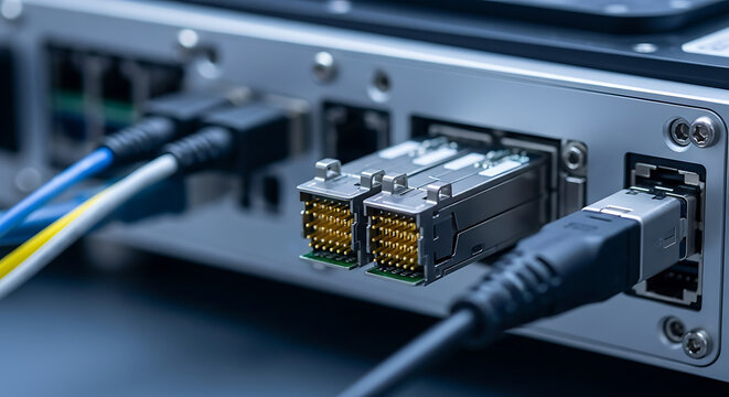 High-speed network connection with fiber optic cables and Ethernet plugged into advanced data processing hardware