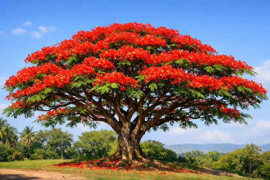 Flamboyant, Delonix Regia: Beautiful flowering tree with showy red flowers. Natural beauty to decorate the streets, squares and parks of the cities. Tropical tree.
