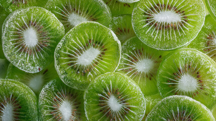 Kiwi slices frozen in ice, detailed texture visible © Sevinj