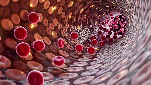 red blood cells flowing through artery vein detailed microscopic view | science, health, education, medicine, research theme