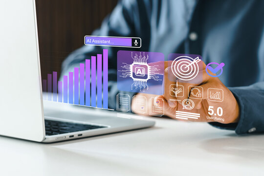 Businessman using laptop with futuristic AI assistant hologram. Shows machine learning icons, business growth analytics, and high user ratings representing automated tech solutions