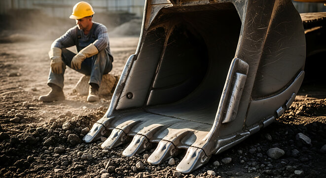 Construction worker crouching beside large excavator bucket at industrial site, close-up view of heavy machinery in action