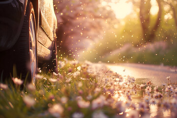 Obraz premium Serene spring pathway with car wheel and blossoming flowers at sunset