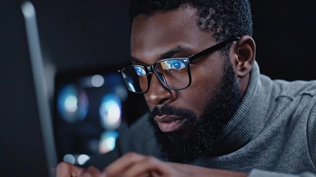 Close up eyeglasses reflecting laptop screen light in dark workspace