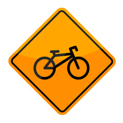 Bicycle warning sign with bike icon on yellow diamond, road vector icon