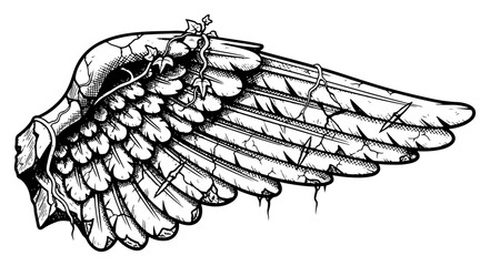 Detailed hand drawn engraving of a cracked stone wing with overgrown ivy vines © Logan