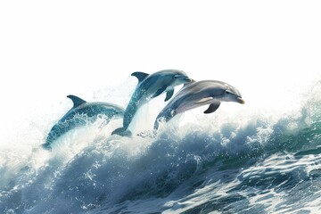 Fototapeta premium Three dolphins leap and frolic, caught mid-air, a dance of aquatic grace amidst the ocean waves.