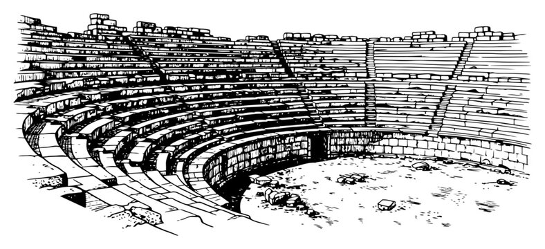 Panoramic view of an ancient roman amphitheater ruins with curved stone seating and arena