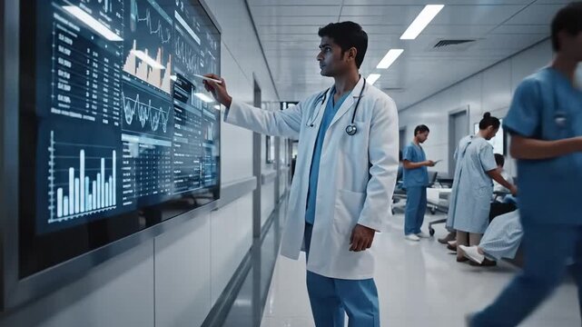 Focused doctor examines patient data displayed on a large monitor in a modern hospital hallway showcasing advanced medical technology and healthcare innovation