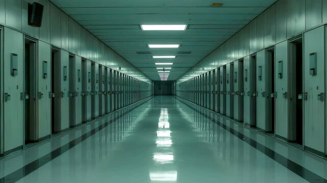 Long Institutional Corridor with Metal Doors and Fluorescent Ceiling Lights in Secure Detention Facility Interior