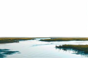 An expansive vista of tranquil waters meandering through a vibrant marshland, a scenic view of nature's calmness.