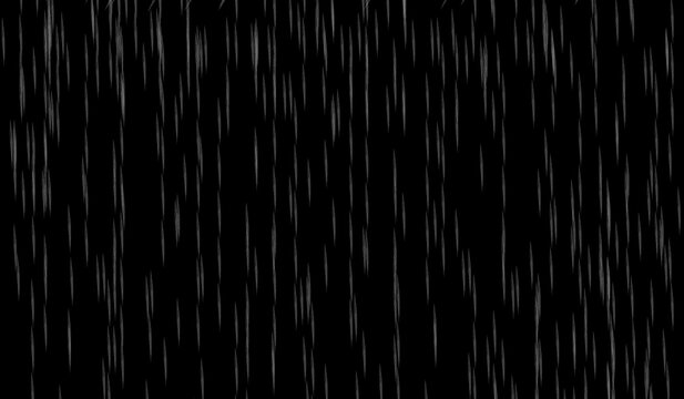 A realistic falling rain overlay for photo editing. An isolated texture of raindrops on a black background. A high-resolution effect to add a rainy day atmosphere to any image and videos.