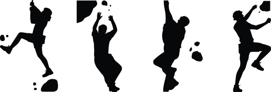 Artistic black and white vector silhouette set of people rock climbing and bouldering on a wall for extreme sports fitness and indoor recreation design.