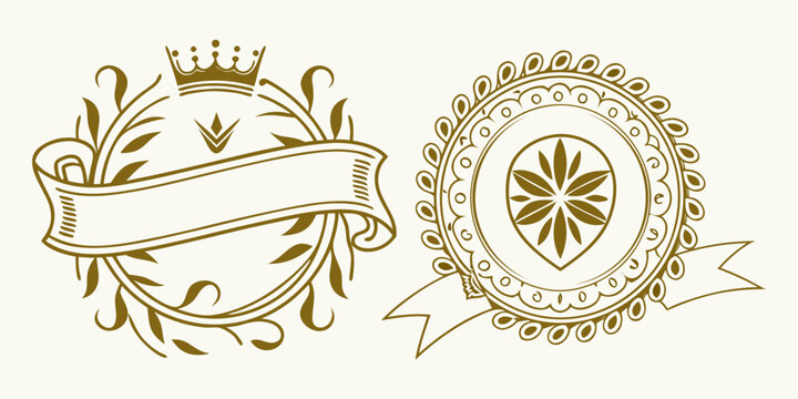 A set of elegant gold vector crests with crowns and ribbons on a cream background