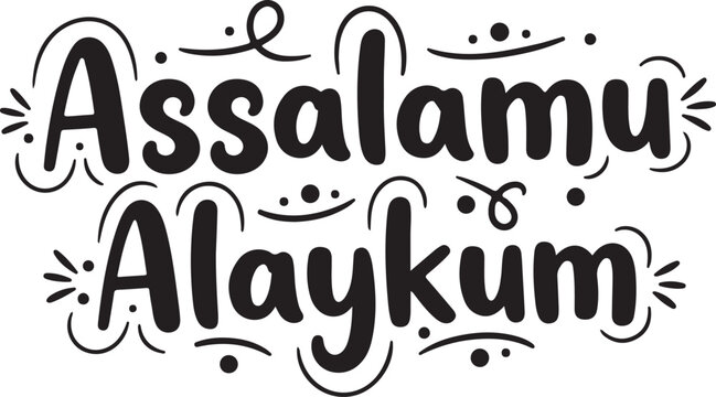 Vector Arabic phrase Assalamu Alaykum with decorative swirls and dots on white background
