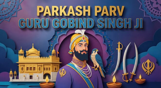 Vibrant of Guru Gobind Singh Ji with a falcon and swords, set against a golden temple and ornate blue backdrop for Parkash Parv