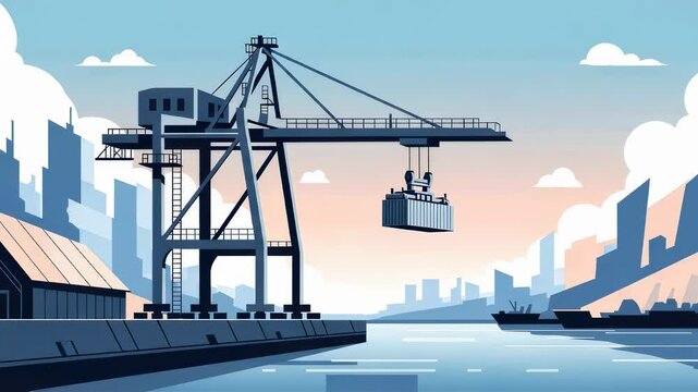 Industrial port crane loading cargo container onto ship for business logistic and global trade transportation concept