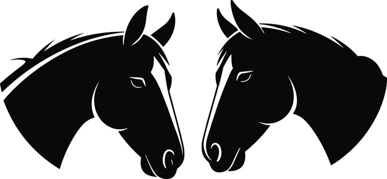 Black and white vector illustration of two horse heads facing each other in profile, elegant equestrian logo design for horse racing or farm branding
