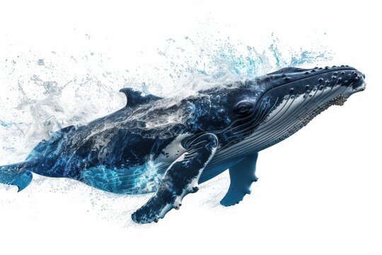 A majestic whale breaches the surface of the ocean, the water cascading around its massive form in a display of power and grace.