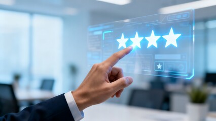 Hand Giving Five Star Rating on Digital Screen