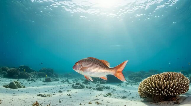 Vibrant Red Sea Bream Fish Swimming Amongst Colorful Coral Reef in Crystal Clear Turquoise Water - Underwater Footage for Nature and Marine Life Projects