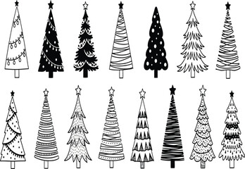 Obraz premium Black and white christmas trees with various patterns