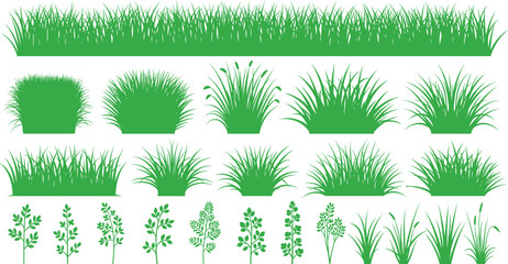 Set of Green Vector Grass and Plant Illustrations Showing Continuous Strips, Clumps, and Leafy Herbs in Natural Design Elements