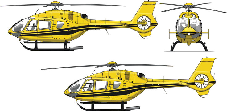 Set of Yellow Helicopter Illustrations Showing Front, Side, and Technical Views with Fenestron Tail Rotor and Aerodynamic Design