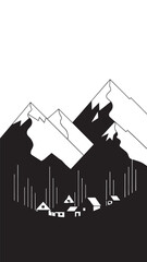 Naklejka premium Alpine Mountain Village Silhouette Under Sharp Peaks at Dusk.
