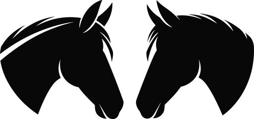 Black and white vector silhouette collection of ecology icons horse heads kangaroos hiking people mountains and husky dogs for nature and outdoor branding © MstRabiya